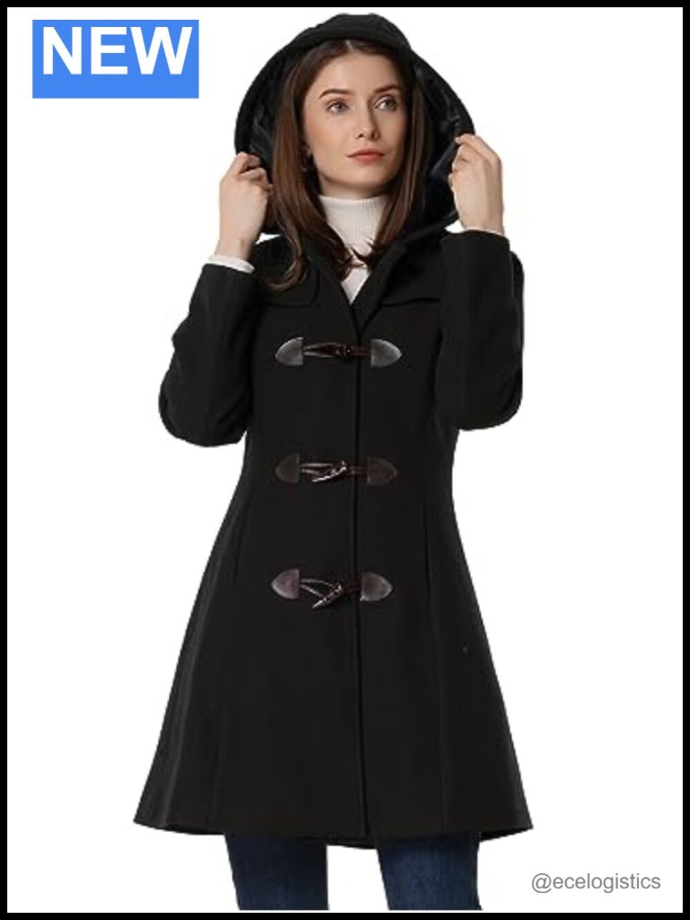 Women's Wool & Pea Coat Toggle Duffle Hooded Long Overcoat Winter